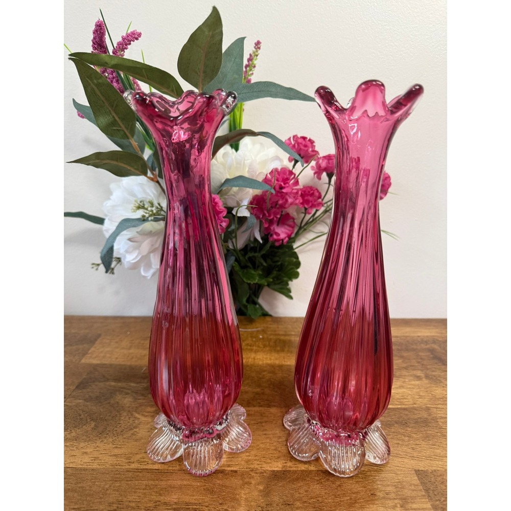 Vintage‎ Cranberry Glass Trumpet Vases Pair Ribbed Ruffle Edge Vases Clear Petal